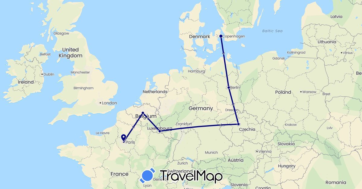 TravelMap itinerary: driving in Belgium, Czech Republic, Germany, Denmark, France, Luxembourg (Europe)
